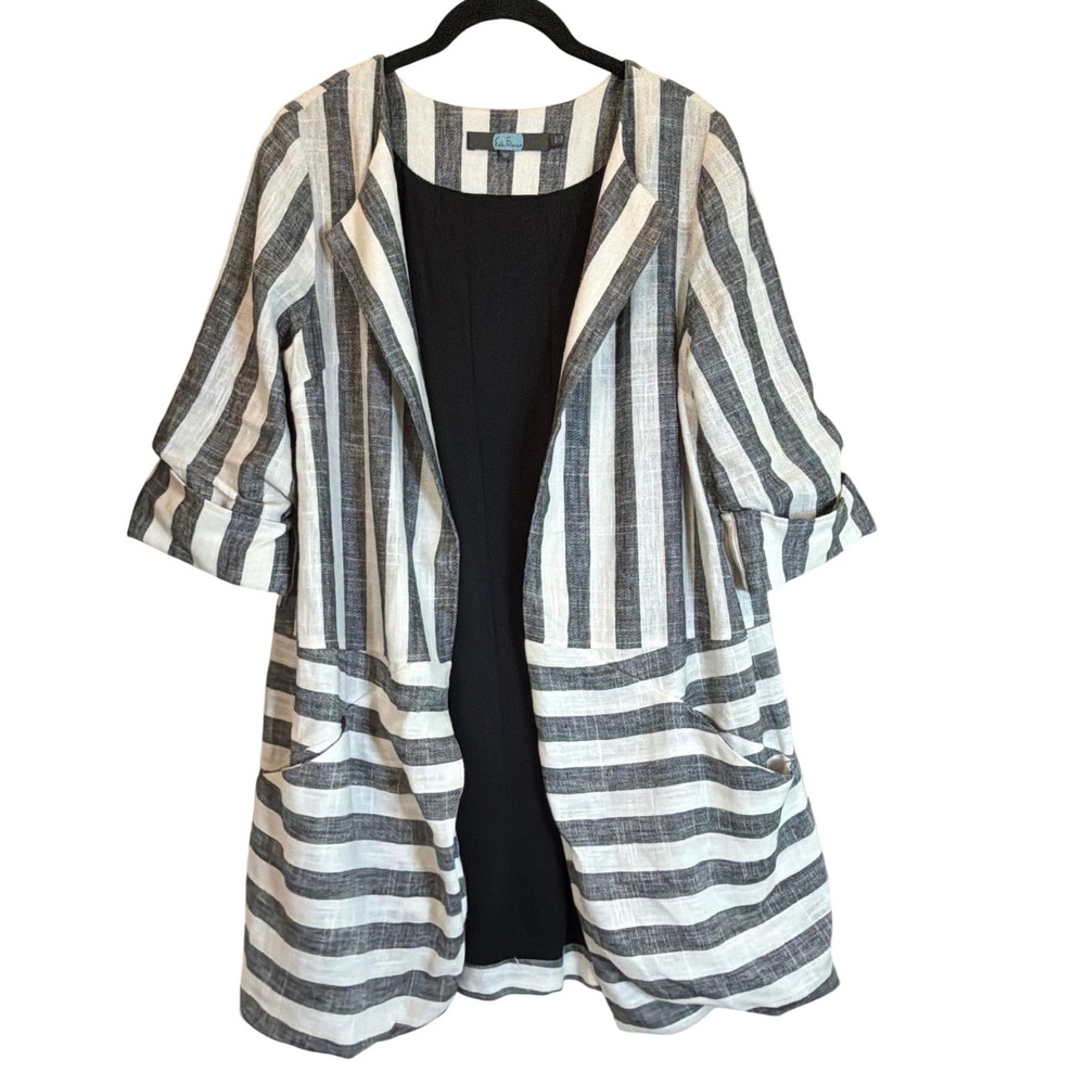 Eva Franco Striped Open Front Linen Blend Jacket Black White SP Preppy 3/4 Slv